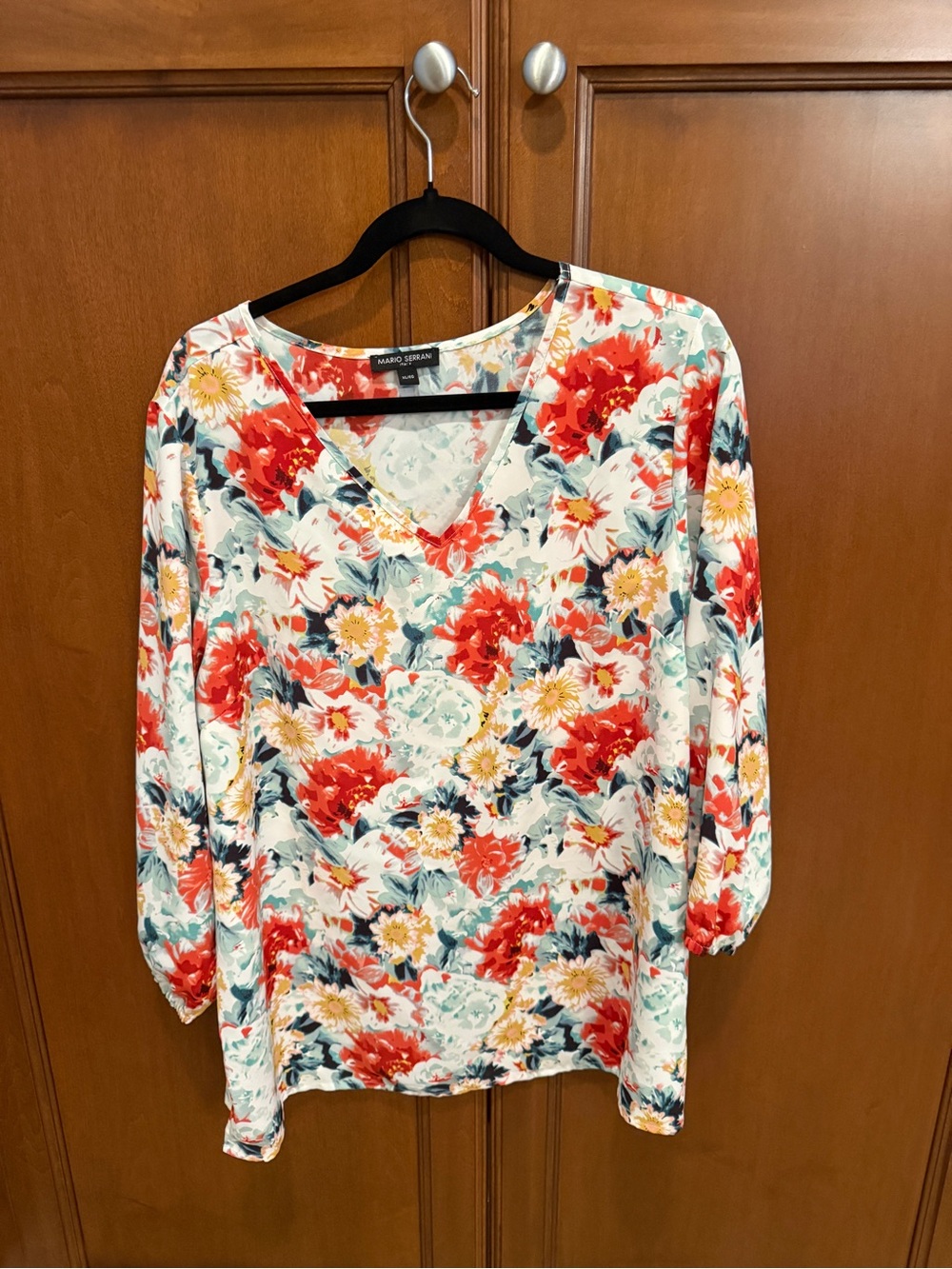 Mario Serrani Floral V-Neck Tunic in White, Red & Teal